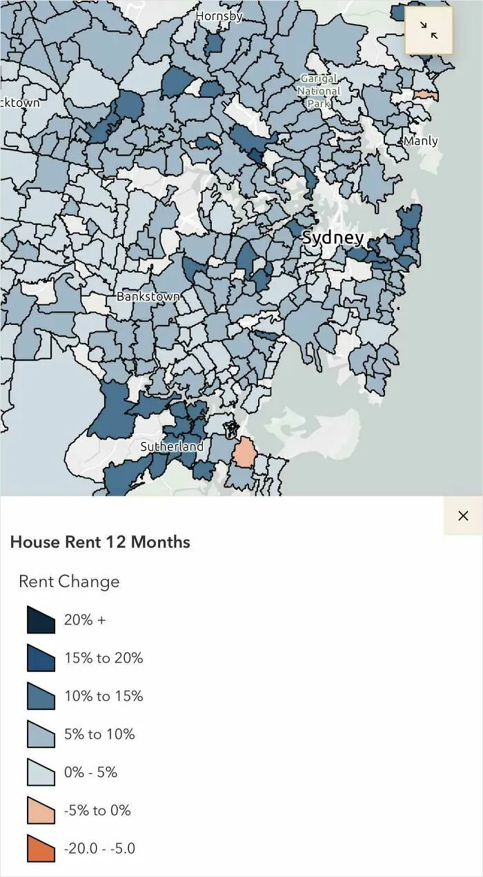 A map showing rental price increases in Sydney highlight booking and renting struggles.