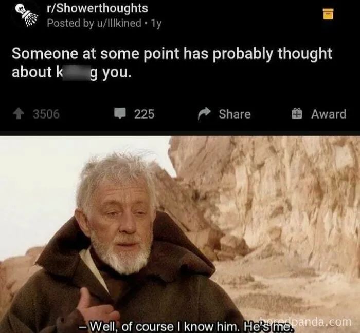 Edgy meme from Showerthoughts with Star Wars character and dark humor text