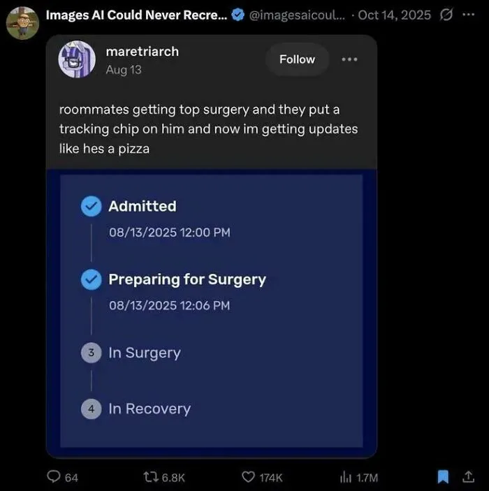 Roommates Getting Top Surgery And They Put A Tracking Chip On Him And Now Im Getting Updates Like Hes A Pizza