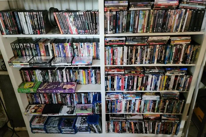 Large collection of DVDs and Blu-rays from dumpster diving finds neatly arranged on white shelves