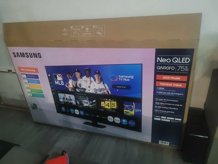 Samsung Neo QLED 75 inch TV in box found in dumpster diving treasure