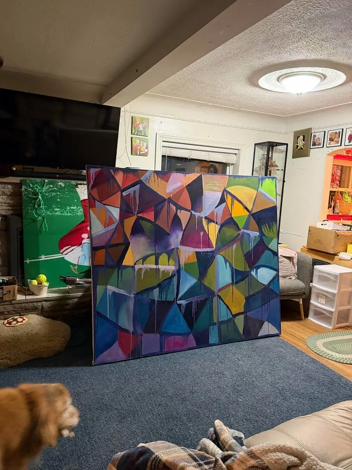 Colorful abstract painting discovered in dumpster diving finds