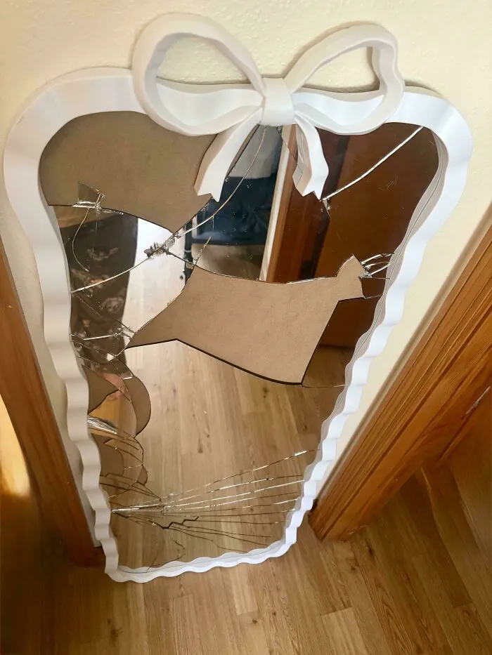 Broken decorative mirror with white bow frame found dumpster diving