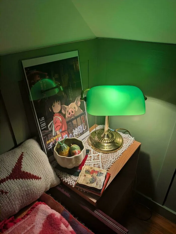 Green banker lamp and decor found in dumpster diving