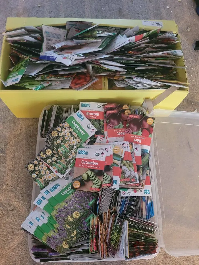 Dumpster diving find of assorted seed packets in storage boxes