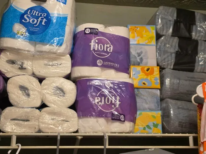 Stack of toilet paper and tissue boxes found dumpster diving