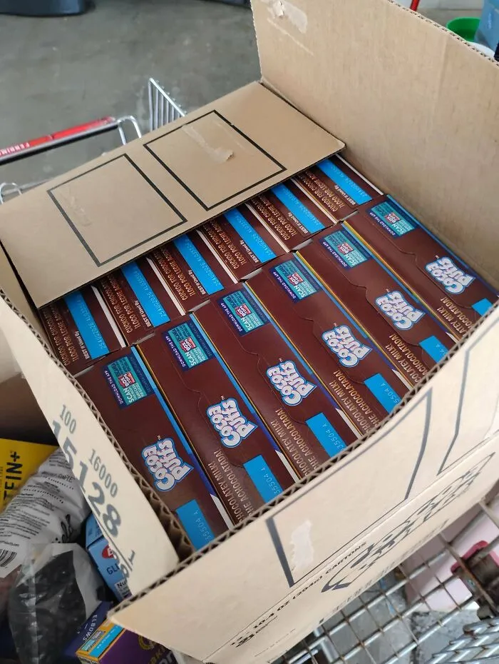 Box of unopened Cocoa Puffs cereal boxes found dumpster diving