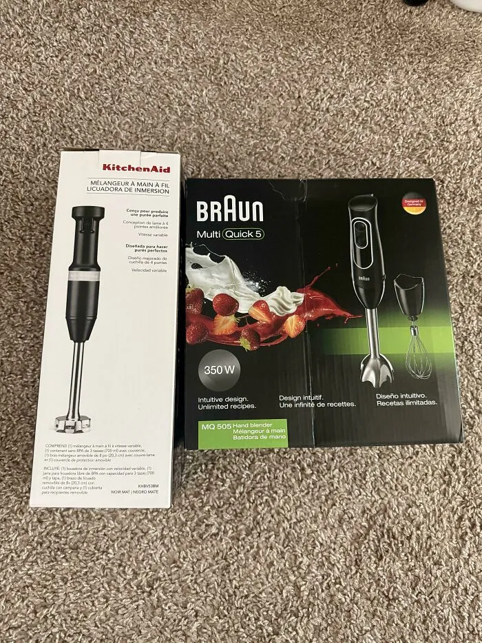 Boxed KitchenAid and Braun hand blenders showing old products built for long-lasting use.