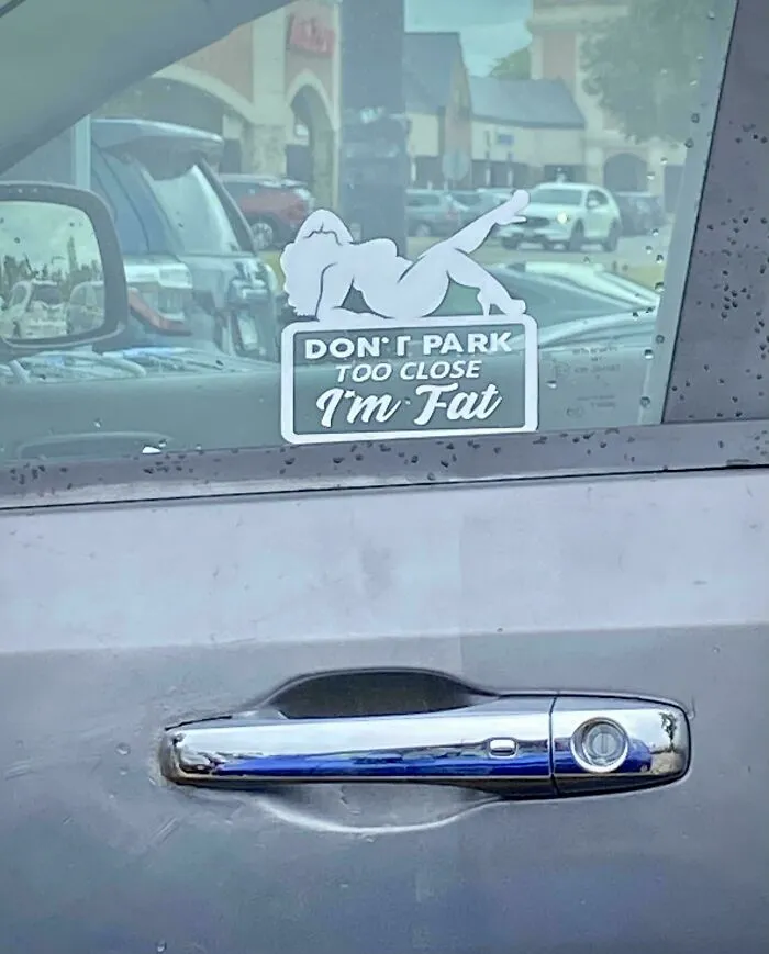 A car door decal with a silhouette figure reading Don't Park Too Close I'm Fat.
