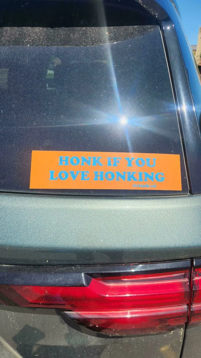 Orange bumper stickers reading HONK IF YOU LOVE HONKING on a dark car rear window.