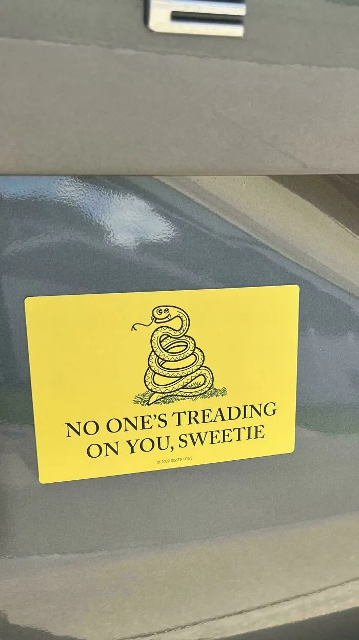 A parody Gadsden flag sticker on a car saying NO ONE IS TREADING ON YOU, SWEETIE.