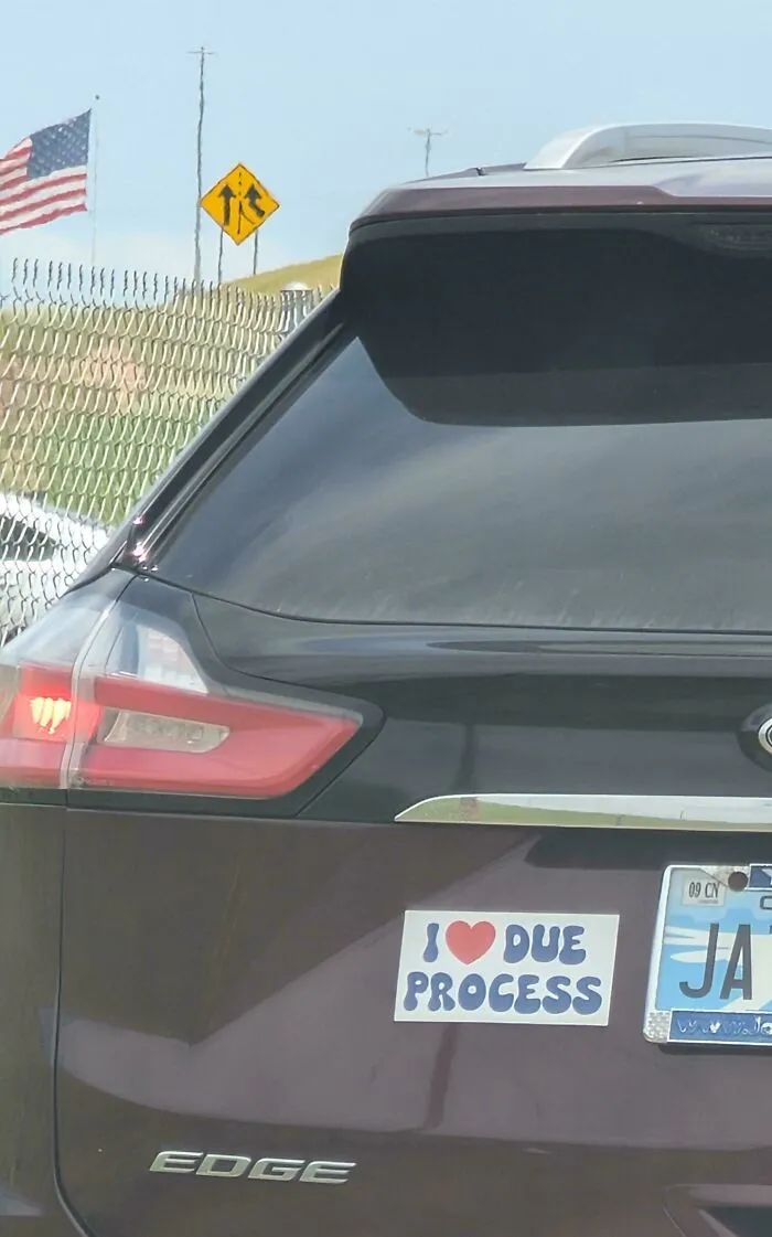 Vehicle with wild bumper stickers reading I heart due process near a license plate.