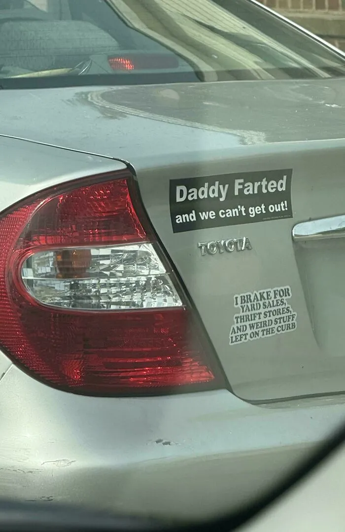 Funny bumper stickers about family on the back of a silver Toyota.