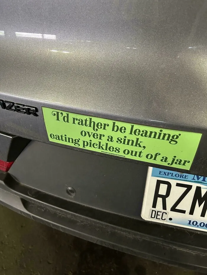 Green bumper stickers with funny text on a grey car about eating pickles over a sink.