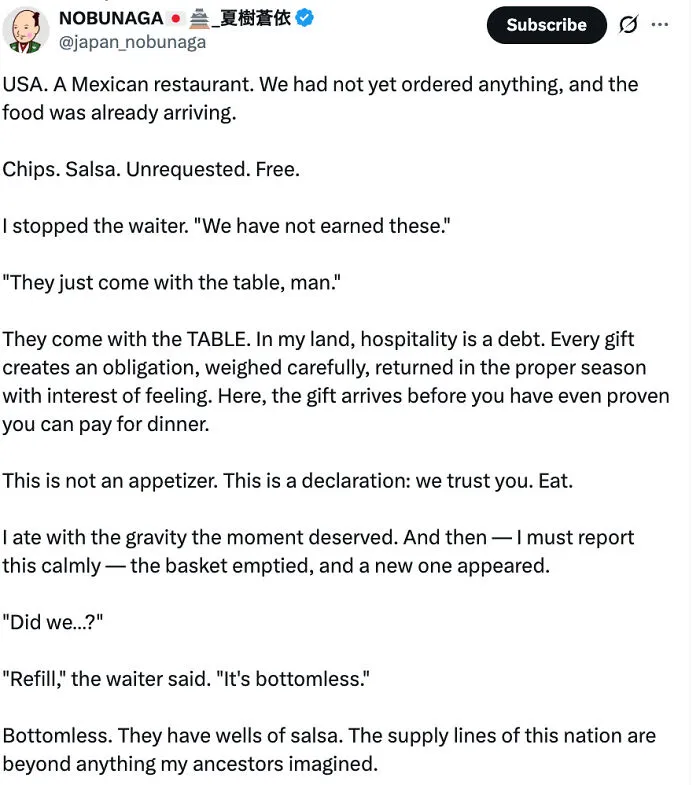 A Japanese Fan In America For The World Cup Is Astounded By The Existence Of Bottomless Free Chips And Salsa At Mexican Restaurants: "The Trust Of A Nation Is In That Salsa, And I Intend To Honor All Of It"
