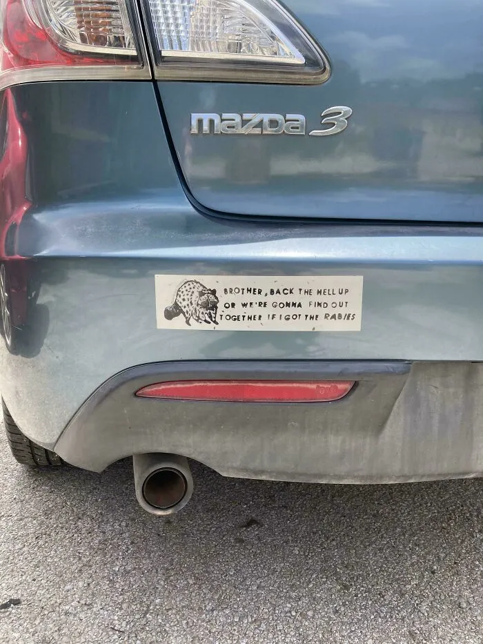 Humorous raccoon bumper stickers on a gray Mazda rear bumper warning tailgaters
