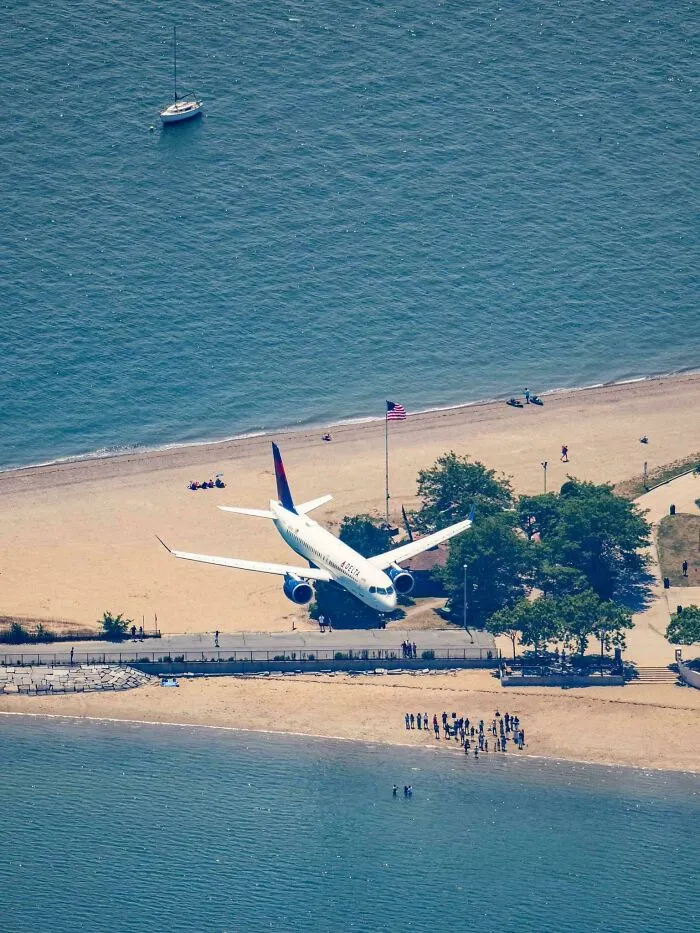 Airplane on beach landing creating surprising eye confusion