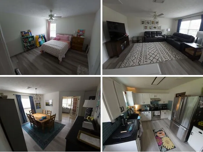 Four different rooms decorated nicely, contrasting with the ridiculous or cute things wives do around the house.