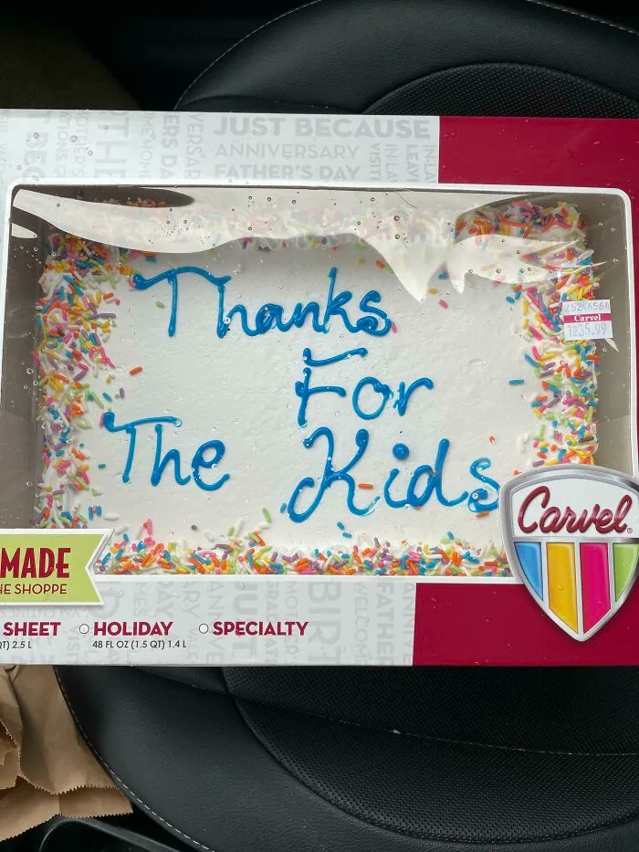 A custom Carvel ice cream cake celebrating a vasectomy, illustrating a funny thing wives do