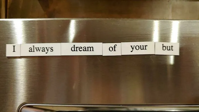 Fridge magnets spelling out a silly message from a wife to her husband