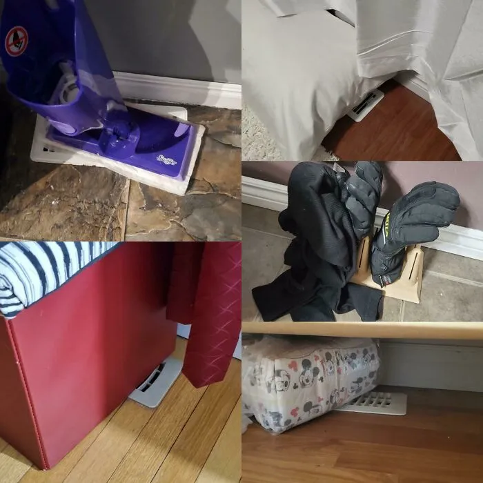 A collage of household items blocking vents, showing unhinged things wives do