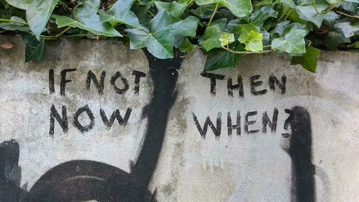 Hilarious badly designed signs like graffiti on a stone wall reading IF NOT NOW THEN WHEN split awkwardly