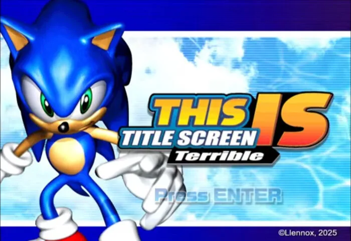 A video game title screen featuring Sonic with a badly designed layout reading THIS IS TITLE SCREEN Terrible