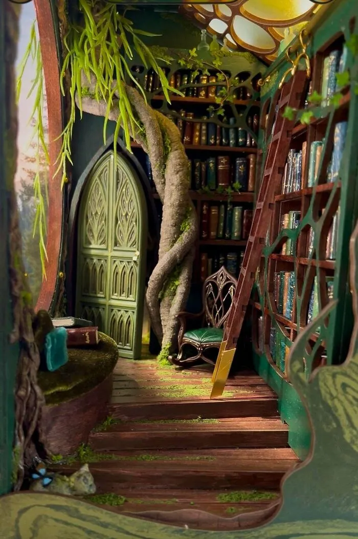 An enchanting elven library book nook with curved wooden bookshelves, green plants, and a small chair