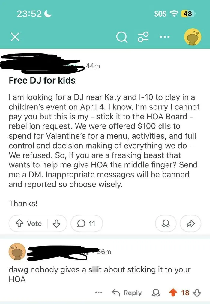 A message request from entitled people asking for a free DJ to spite their HOA board.