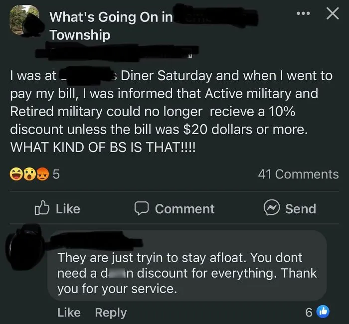 A complaint post showing entitled people complaining about a diner's military discount policy.