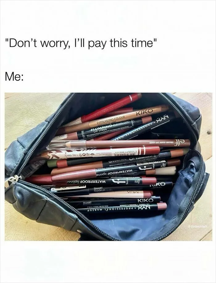 Funny memes about being a woman featuring a makeup bag full of lip liners.