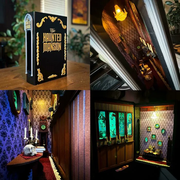 A collage showing a spooky haunted mansion book nook with detailed interior lighting