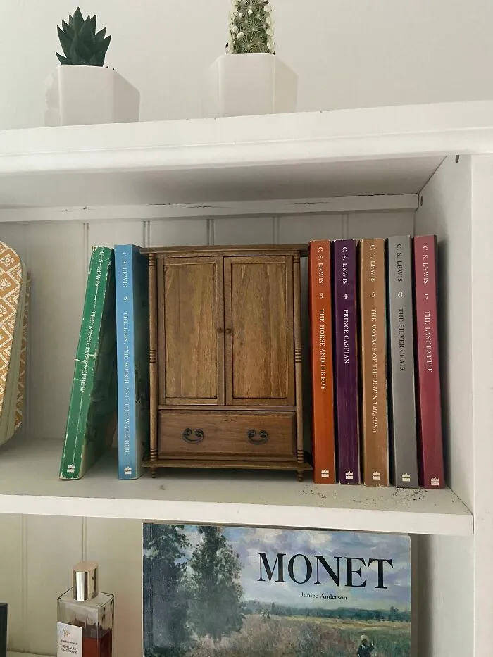 A wardrobe-themed book nook nestled between Narnia novels on a bookshelf