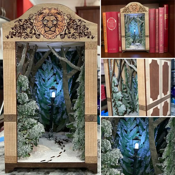 A snowy Narnia inspired book nook featuring a lamppost and a lion design
