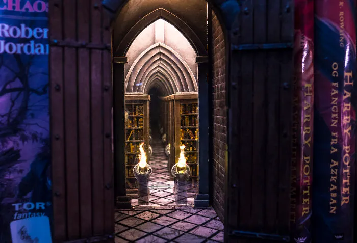 A detailed book nook showing a long, mysterious library corridor with glowing torches between books.