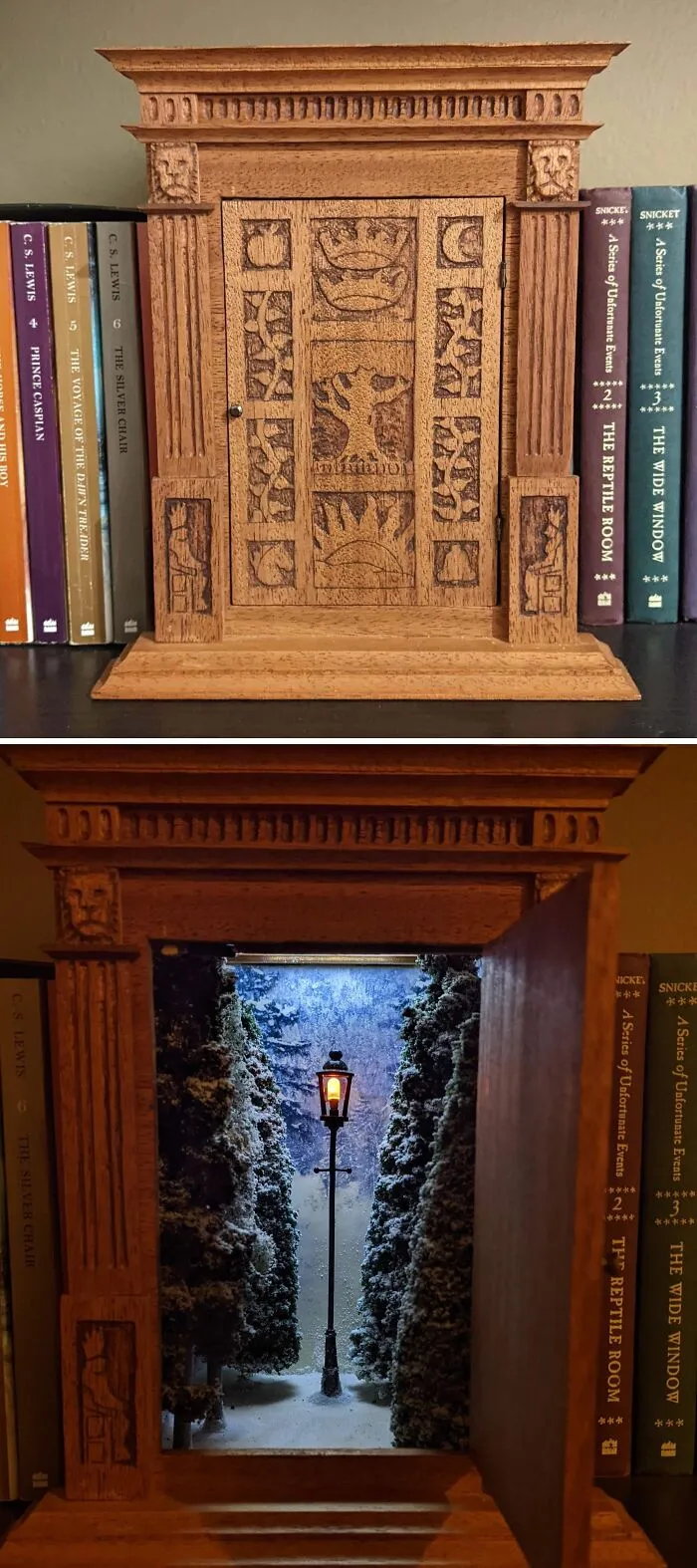 Before and after view of a wooden book nook opening up to a snowy forest scene with a lit lamp post.