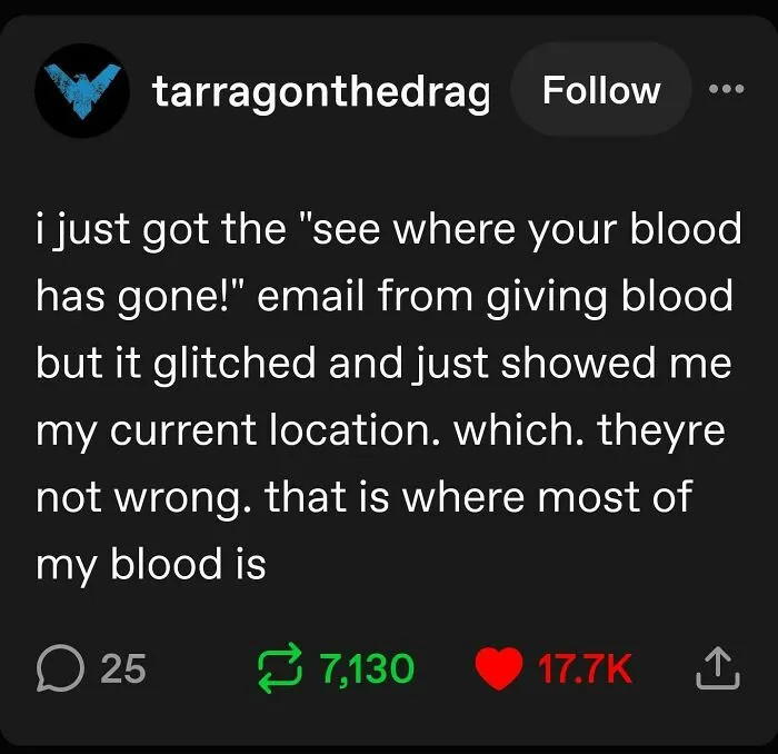 Tumblr post joking about a blood donation email glitch showing current location as where most blood is
