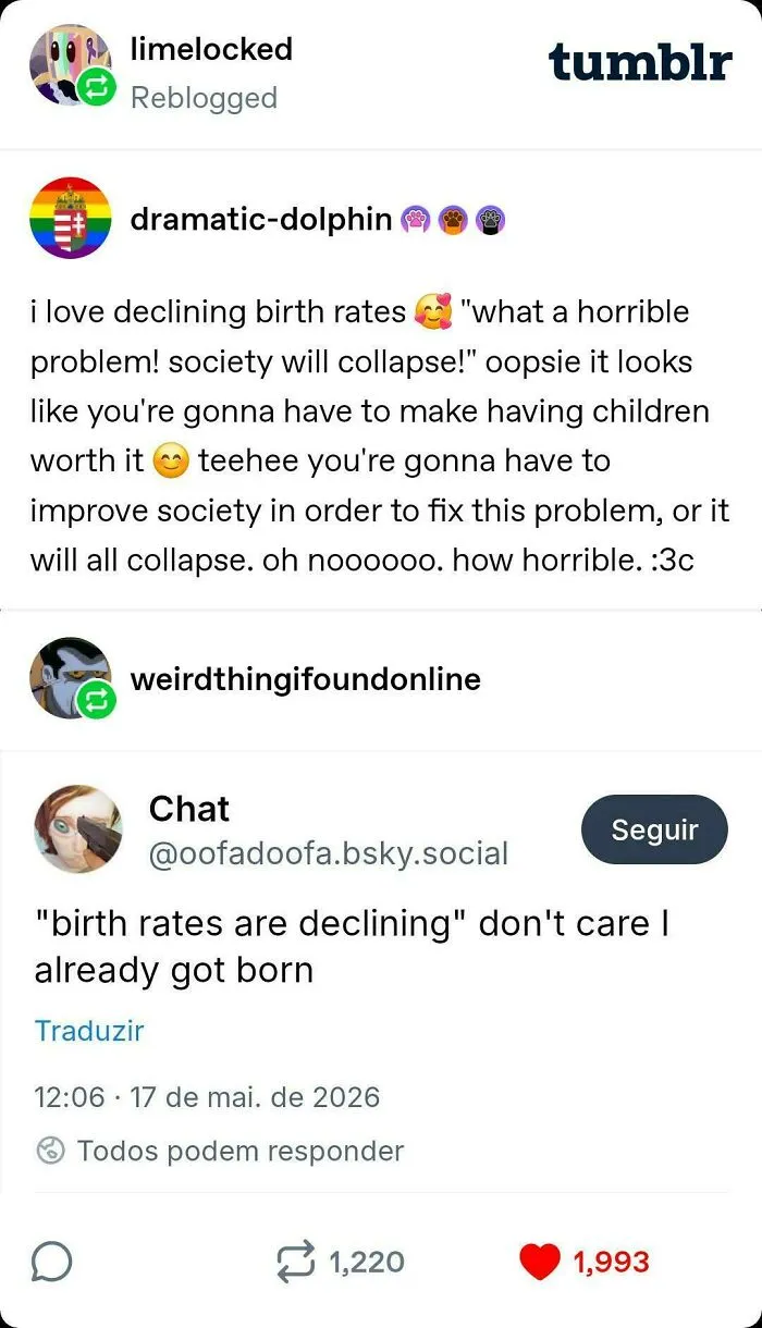 Tumblr posts on declining birth rates and societal collapse discussion