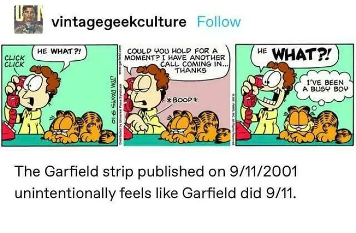 Garfield comic strip from 2001 interpreted humorously in context of 9/11 events