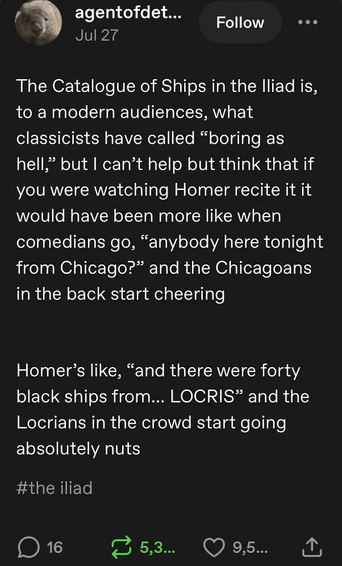 Tumblr post about the Catalogue of Ships in the Iliad and audience reaction