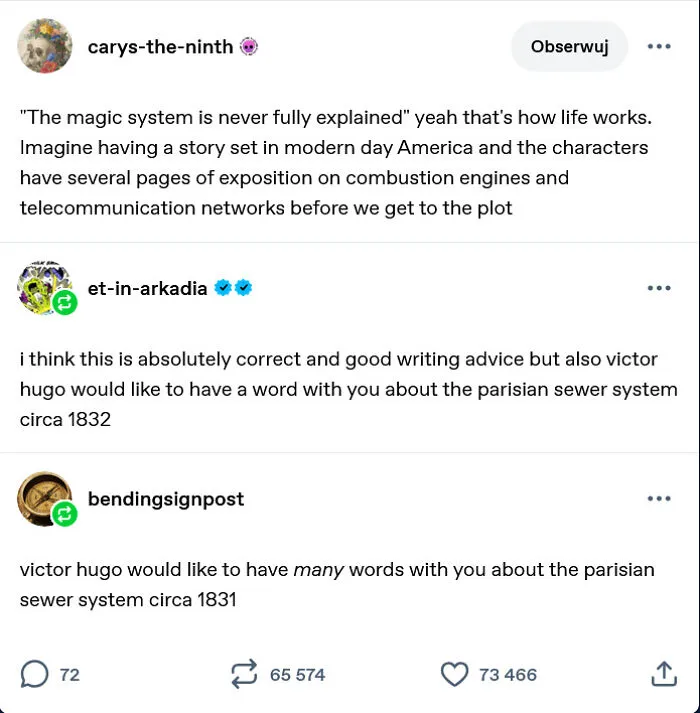 Tumblr post discussing magic system and Parisian sewer system in writing advice