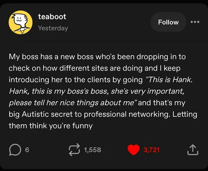 Tumblr post about professional networking secret involving bosses and clients