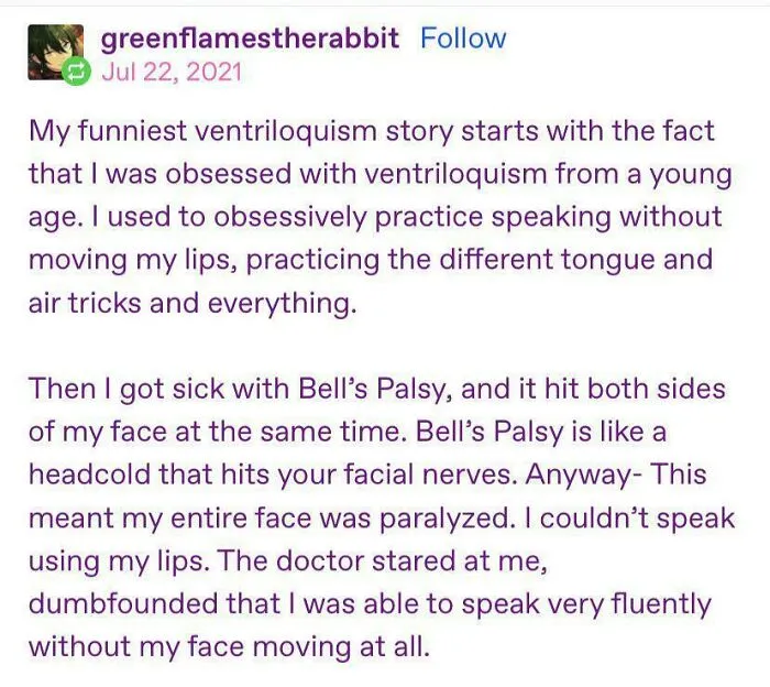 Tumblr story about ventriloquism and Bell's Palsy experience