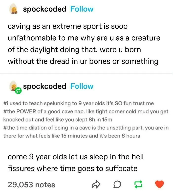 Tumblr post discussing caving as an extreme sport and its time dilation effects