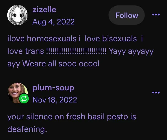 Tumblr posts expressing love for LGBTQ+ and a humorous comment on basil pesto