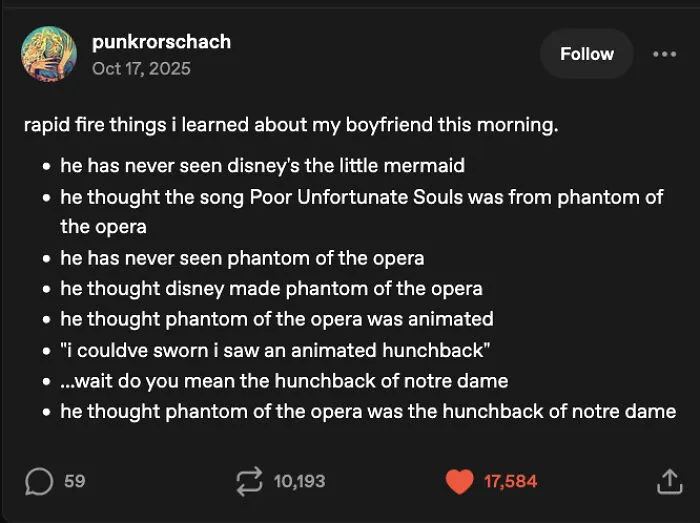 Tumblr post listing misconceptions about Disney and Phantom of the Opera