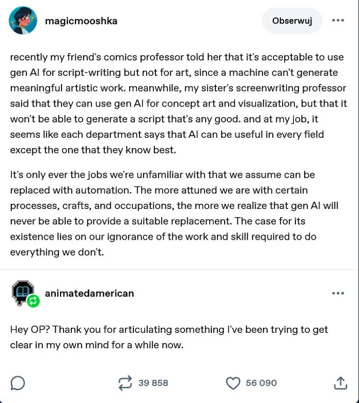 Tumblr post discussing generative AI's impact on script-writing and art