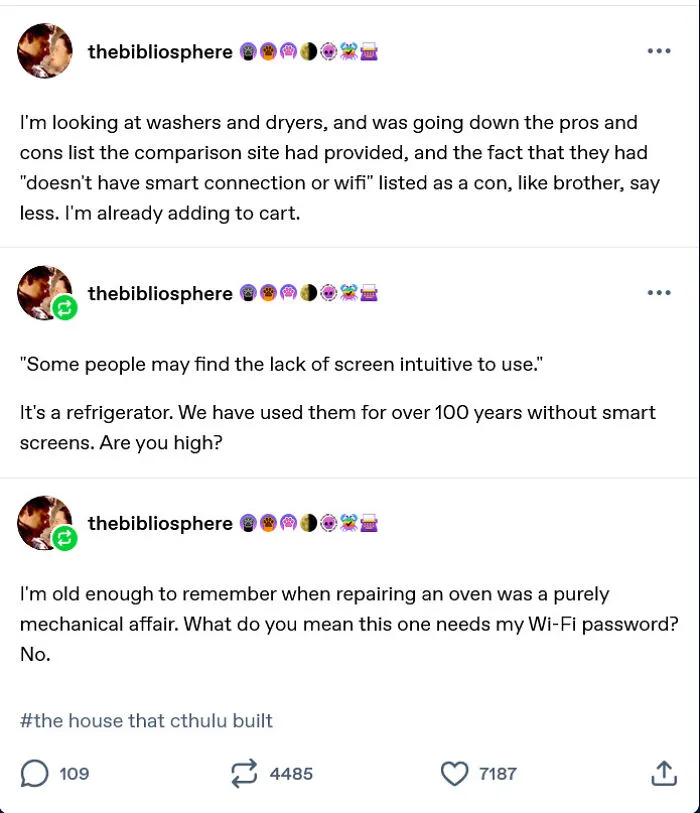 Tumblr post about frustration with smart technology in household appliances