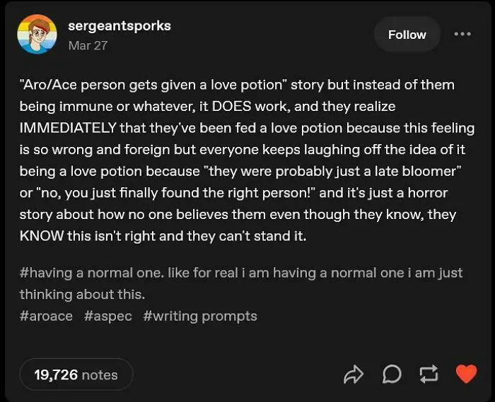 Tumblr post about aro/ace person experiencing effects of a love potion