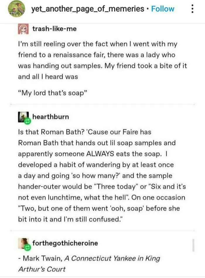 Tumblr story about eating soap samples at a renaissance fair and confusing visitors